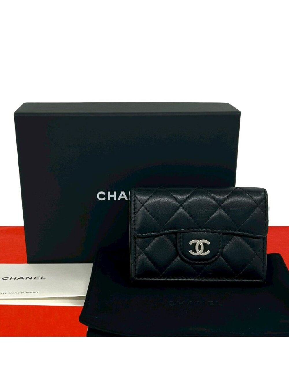 Chanel Box Number 28 Quilted CC Logo Lambskin Leather Trifold Wallet Black